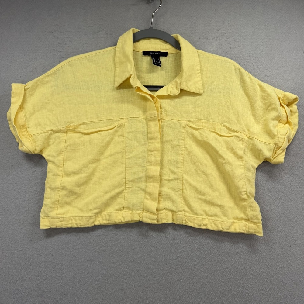 Forever 21 Shirt Womens Small S‎ Yellow Cropped Button Up Short Sleeve Top Linen